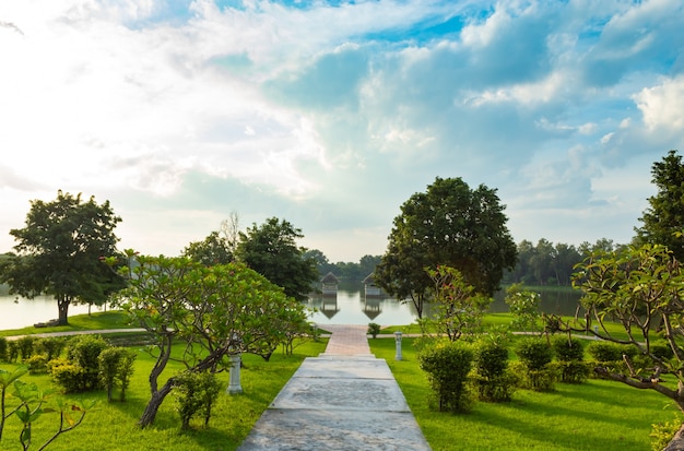 Concrete walkways in parks and natural pool.