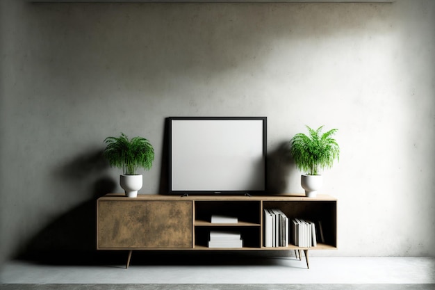 On a concrete wall background an inside wall mockup of a TV cabinet in a living room is displayed