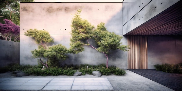 Concrete wall house garden with green trees
