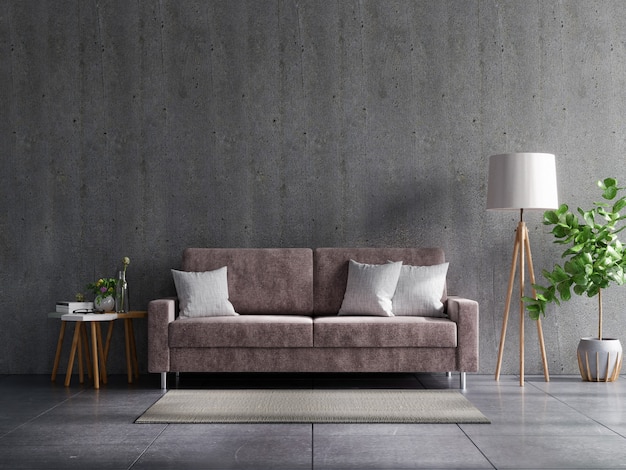 Concrete wall living room with sofa and decoration,3d rendering