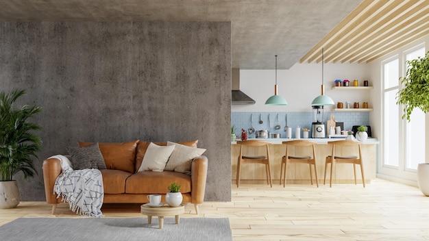 Concrete wall mock up in warm tones with leather sofa which is behind the kitchen room