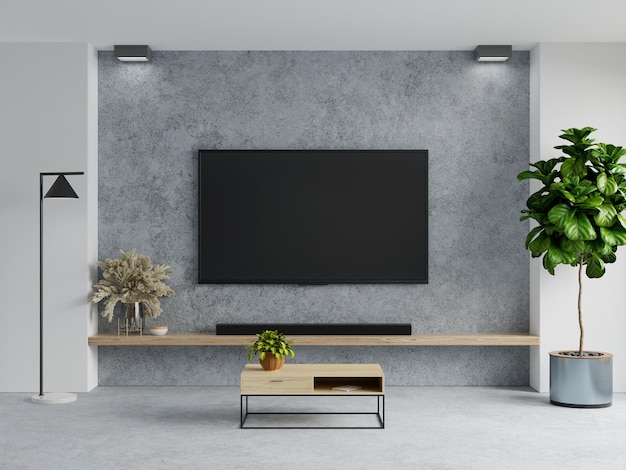 Concrete wall mounted tv in living room interior on concrete background