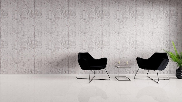 대리석 바닥과 두 개의 안락의자 배경이 있는 콘크리트 벽