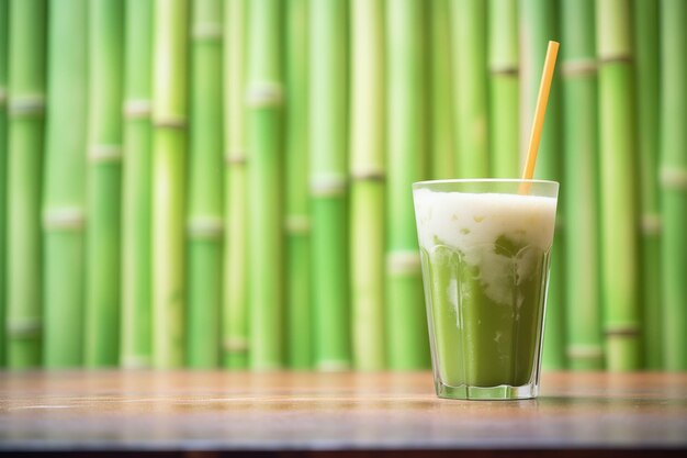 Condensation on iced matcha glass with bamboo background