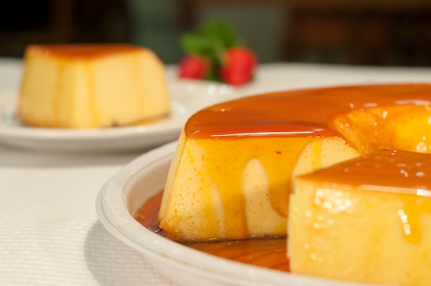 Condensed milk pudding with caramel sauce