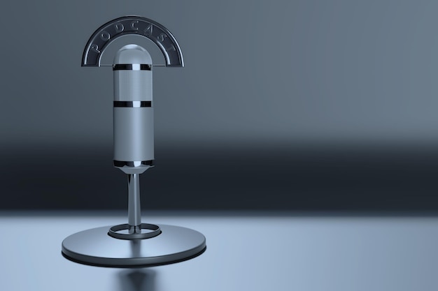 Condenser microphone with podcast sign on dark background with copy space.