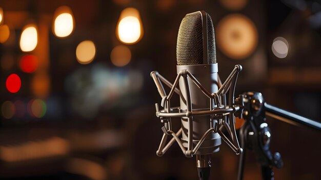 Конденсаторный студийный микрофон с ударным креплением в музыкальной студии, представляющий музыкальную концепцию с асимметричной композицией и копировальным пространством