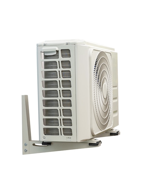 Condensing unit of air conditioning systems isolated on white with clipping path. Condensing unit installed on the wall.