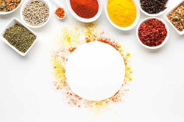 Condiments on spoons and bowls on table