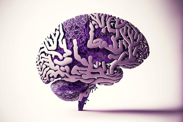 Условное трехмерное изображение человеческого мозга в ярко-фиолетовых тонах