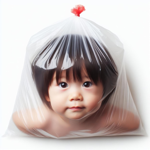 Foto concetto del preservativo bambino in un sacchetto di plastica isolato