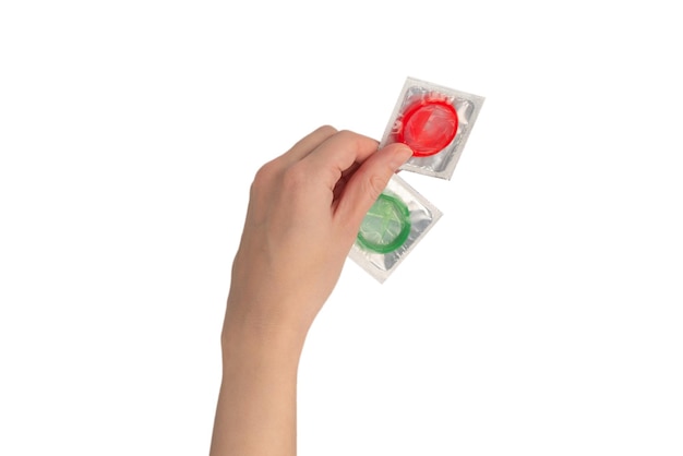 Photo condom in woman hand isolated on a white background