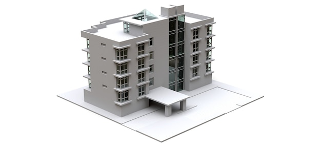 Condominium model in white color with transparent glasses. Apartment house. 3d rendering.