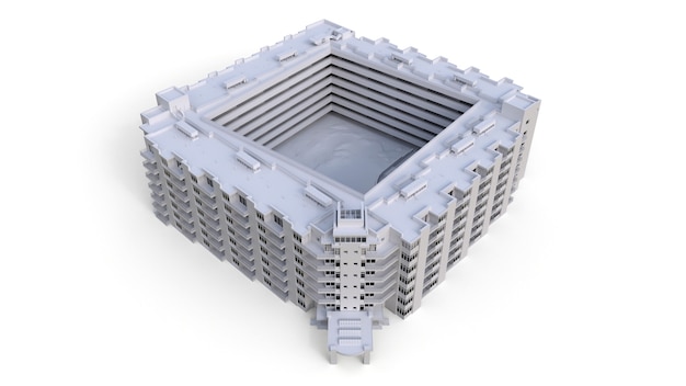 투명한 안경이 달린 흰색 콘도 모델. 안뜰이있는 아파트입니다. 3d 렌더링.