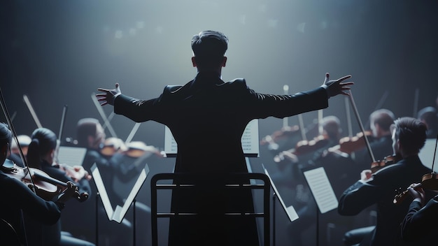 Conductor leading an orchestra with dramatic flair against black backdrop highlighted by stage lights