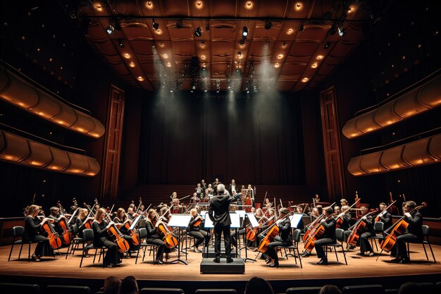 a conductor stands on stage in front of a stage with a conductor in the background