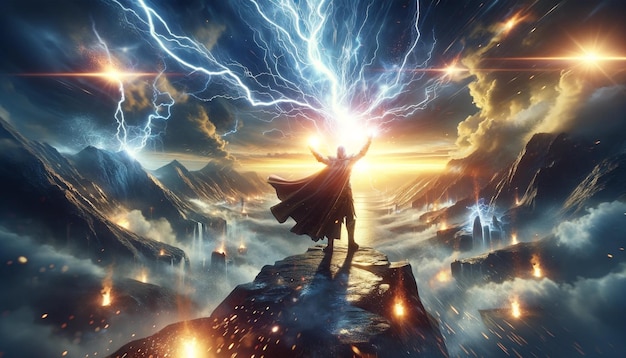 嵐の指揮者 黎明の最初の光で宇宙の力の壮大な展示