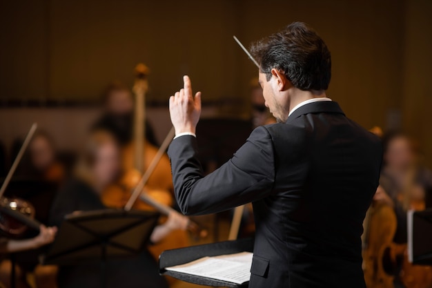 Conductor of symphony orchestra with performers on concert hall background