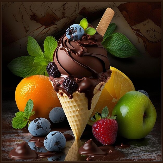 A cone of chocolate ice cream with blueberries and oranges on it.