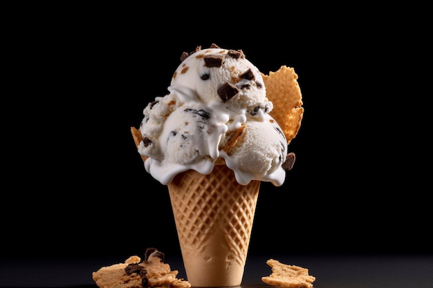 A cone filled with cookies and cream ice cream on a dark background