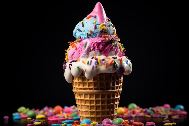 a cone of ice cream cone with rainbow sprinkles on top.