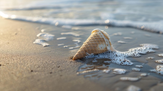 A cone of ice cream emerges from the sandy beach landscape aig