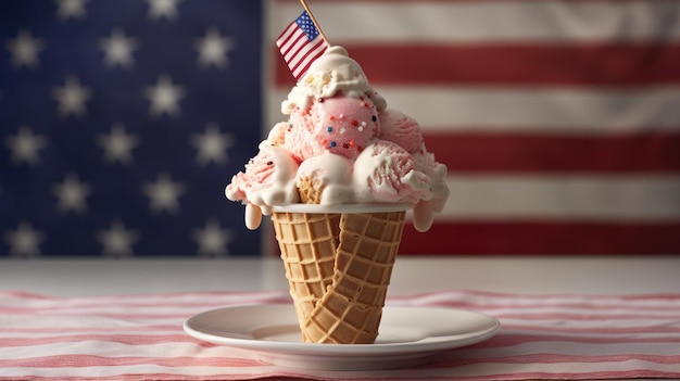 A cone of ice cream with an american flag in the background