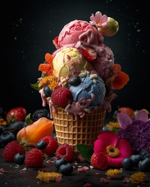 A cone of ice cream with blueberries and strawberries on top.