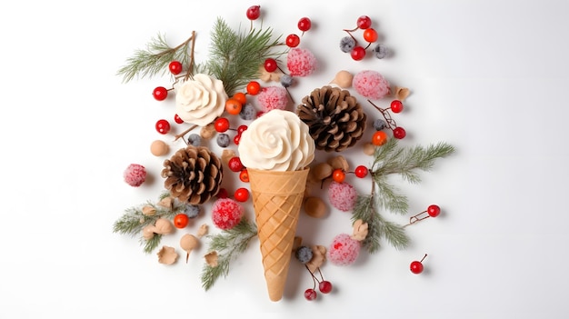 A cone of ice cream with pine cones and berries on a white background.