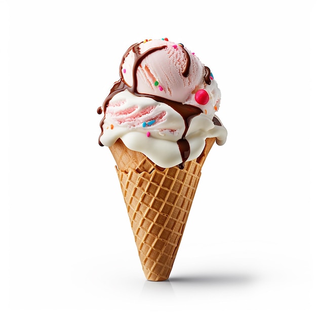 A cone of ice cream with pink, white, and blue sprinkles on it.