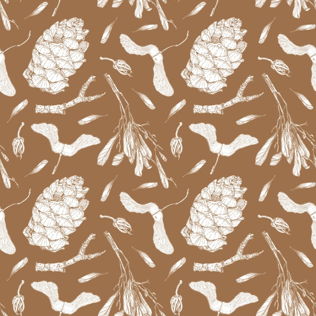 Cone and seeds seamless pattern on brown. Ink hand-drawn graphics