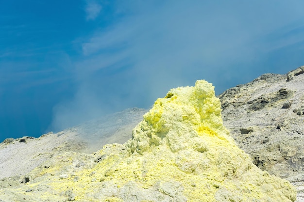 Cono di depositi di zolfo attorno ad una fumarola in un campo solfatarico contro un cielo blu