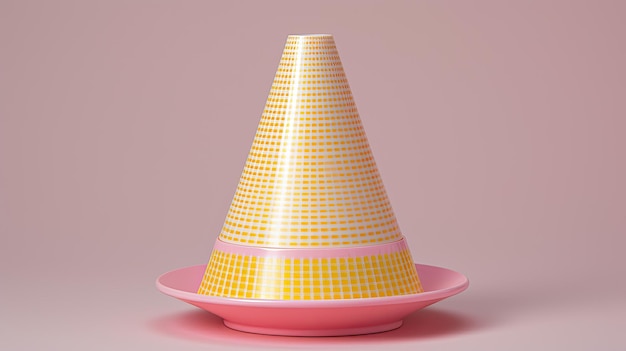 A cone with a circular pattern in shades of pink and yellow