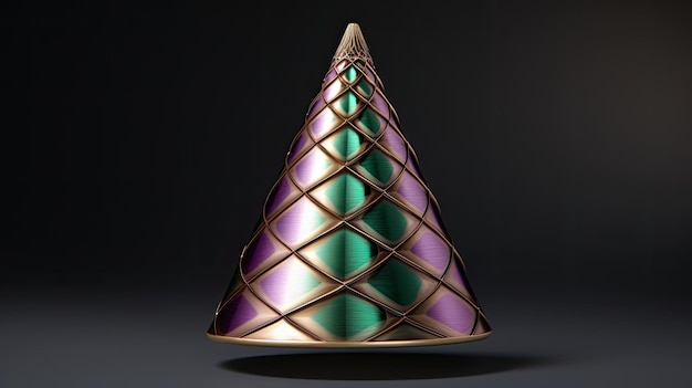 A cone with a diamond pattern in shades of green and purple