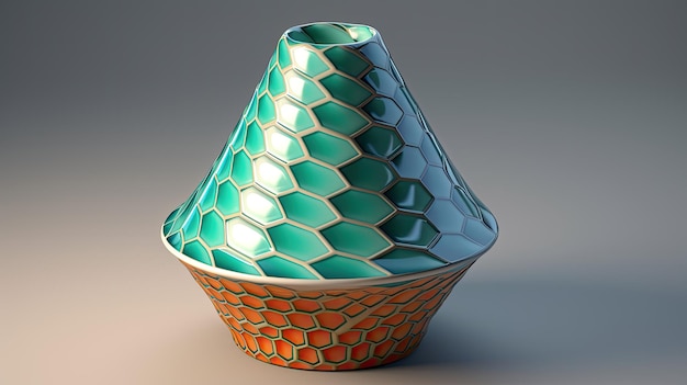 A cone with a hexagonal pattern in shades of blue and green