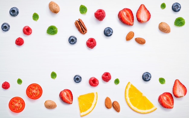 Cones and colorful various fruits for Summer and Sweet menu concept