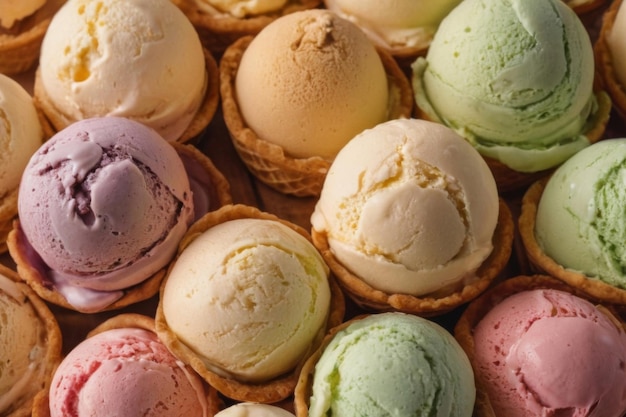 Foto coni riempiti di colorate ciotole di gelato coni di gelato sono in modo casuale dolci dolcetti