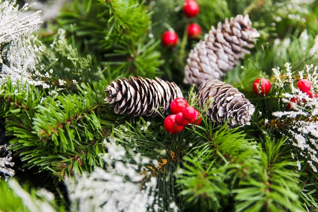 Cones on green branches of christmas tree. New year decorations