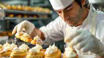 Photo confectioner carefully decorates small pastries with cream using a piping bag