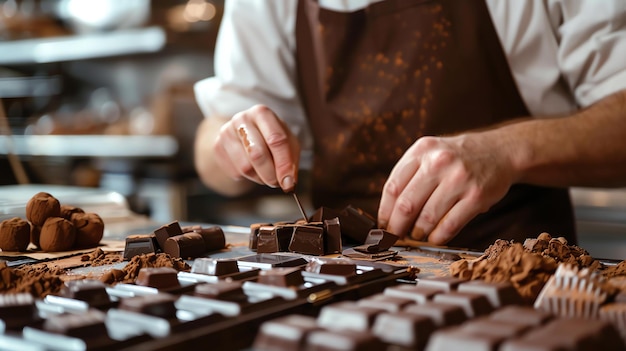 Фото Кондитер разрезает шоколадный батончик на кусочки ножом на столе несколько шоколадных батончиков и какао-порошок