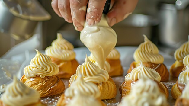 Confectioner decorates cream puffs with a piping bag in a commercial kitchen