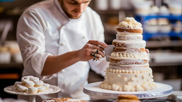 Photo confectioner decorates a wedding cake with white icing