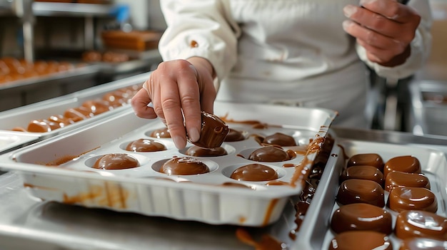 Confectioner dipping a chocolate candy into a vat of liquid chocolate to cover it