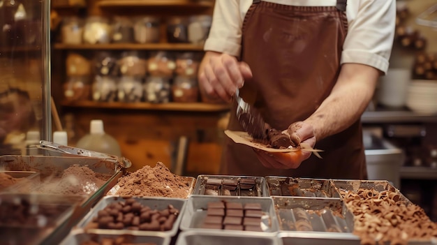 Foto il pasticciere spruzza la polvere di cacao su una praline in primo piano sullo sfondo ci sono scaffali con vari prodotti di cioccolato