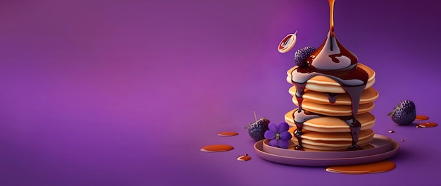 Confectionery Illustration of pancakes on a plate on purple background with copy space Generative AI