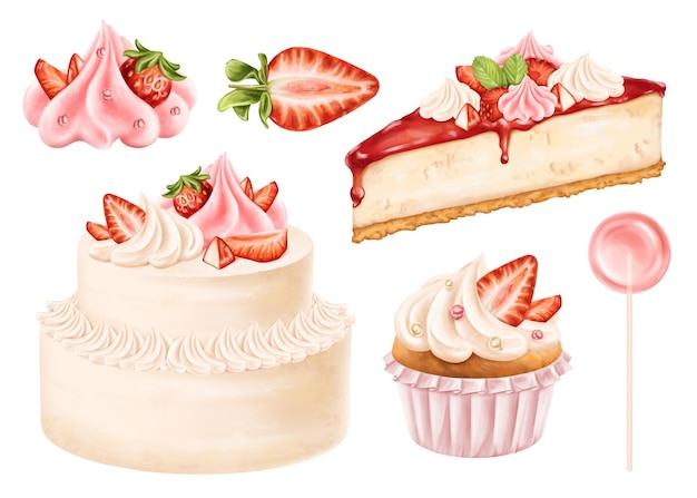 Confectionery set van objecten Spongecake decoratie van room cupcake lolly sappige aardbeien