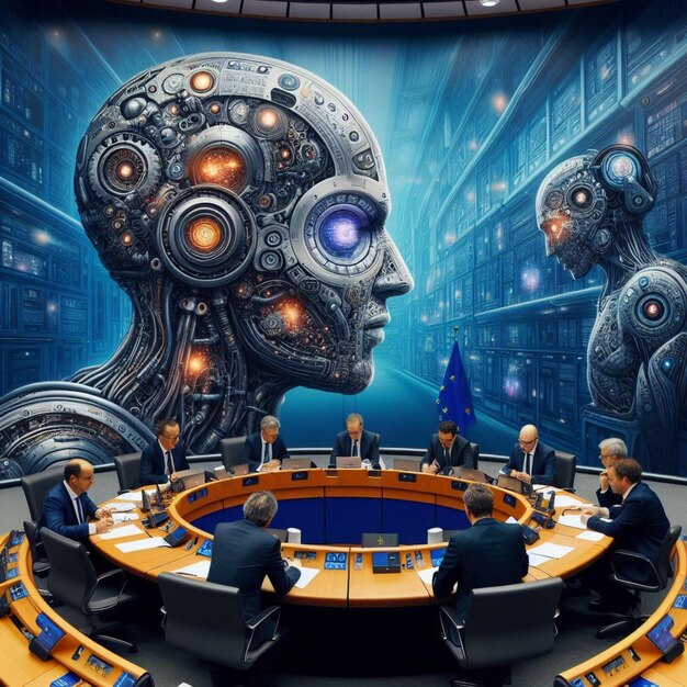 Conference centre with politicians and robots