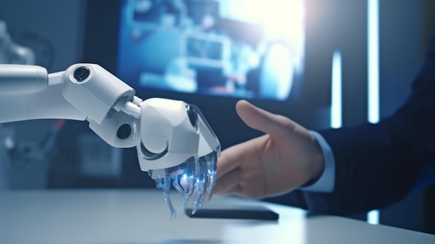 На конференции главный инженер представляет новую роботизированную руку сотрудникам стартапа Генеративный ИИ