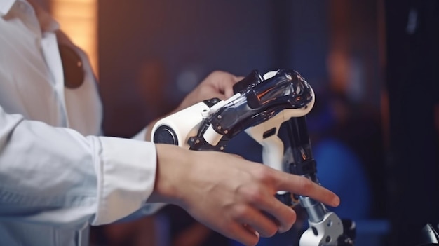 Photo at a conference the chief engineer presents a novel robot arm to startup employeesgenerative ai