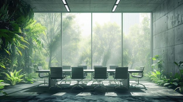 Фото Пустая конференц-зала в устойчивом офисном помещении с большими окнами с видом на зелень